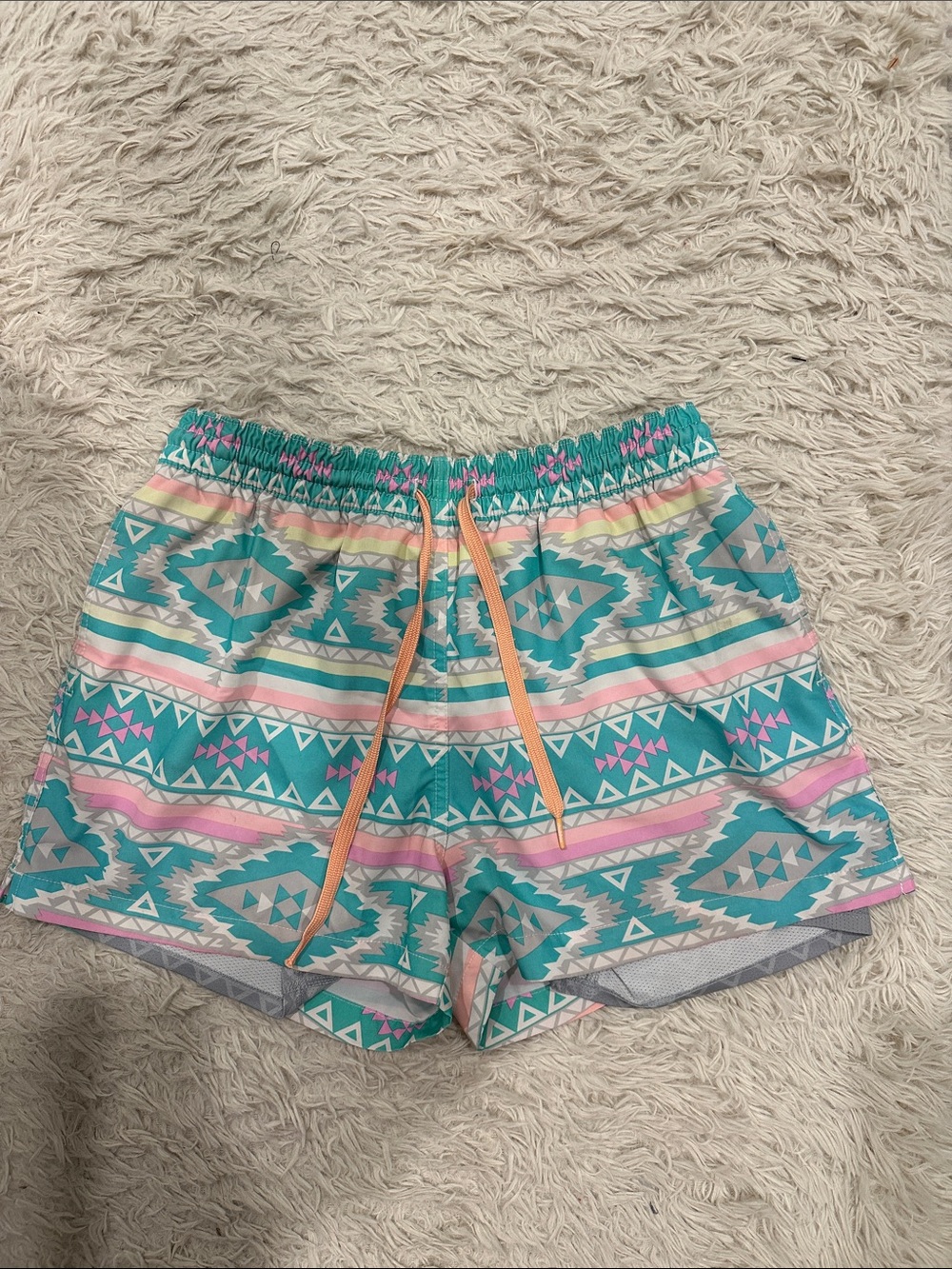 chubbies Turquoise Aztec Print Men’s Swim Trunks with Peach Drawstring